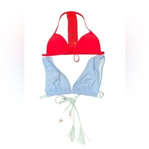 Aerie Neon Coral Crochet Racerback Triangle & Tassel Plunge bathing suit top